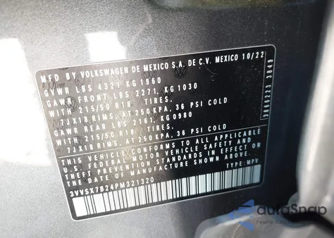 2023 Volkswagen Taos 1.5T Se z USA, uszkodzony, nr VIN 3VVSX7B24PM321320